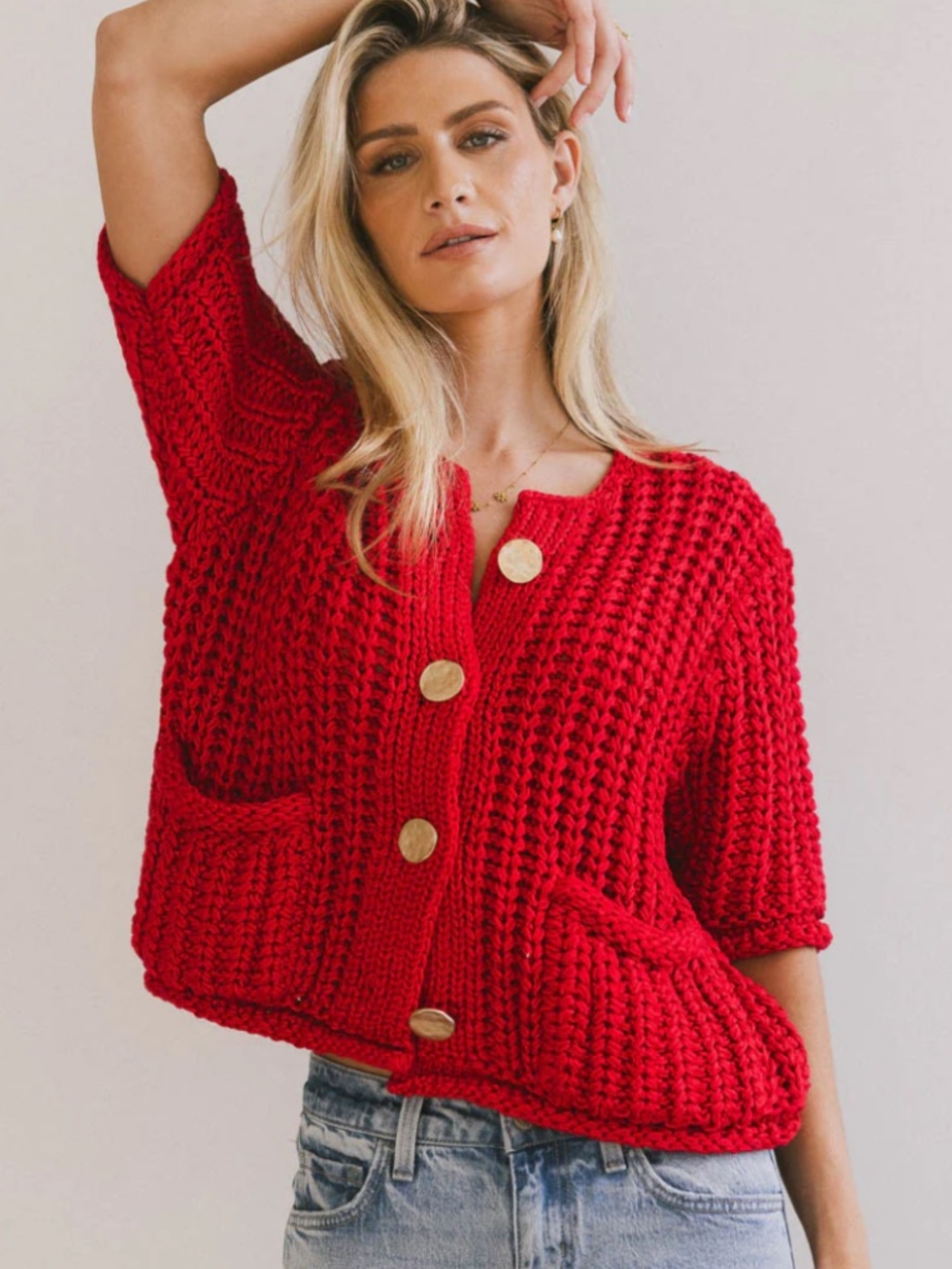 Bohme Brenda Chunky Knit Cardigan Red Size M Short Sleeve Sweater Gold Buttons